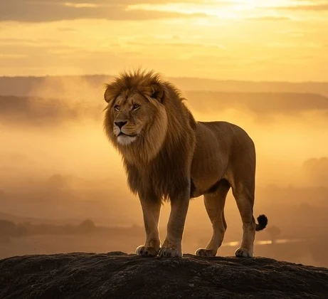 Lion standing calmly at sunrise